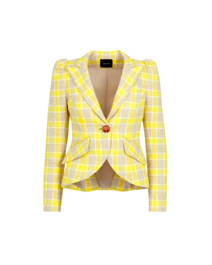 Smythe Pouf Sleeve One Button Blazer Yellow Check