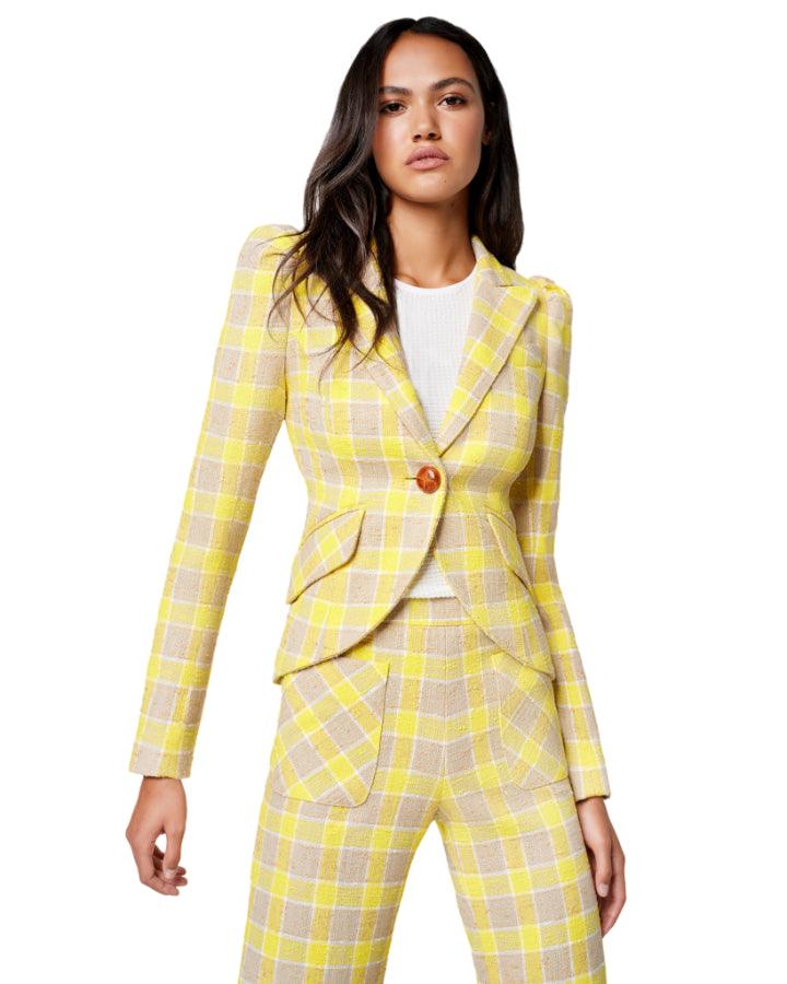 Smythe Pouf Sleeve One Button Blazer Yellow Check