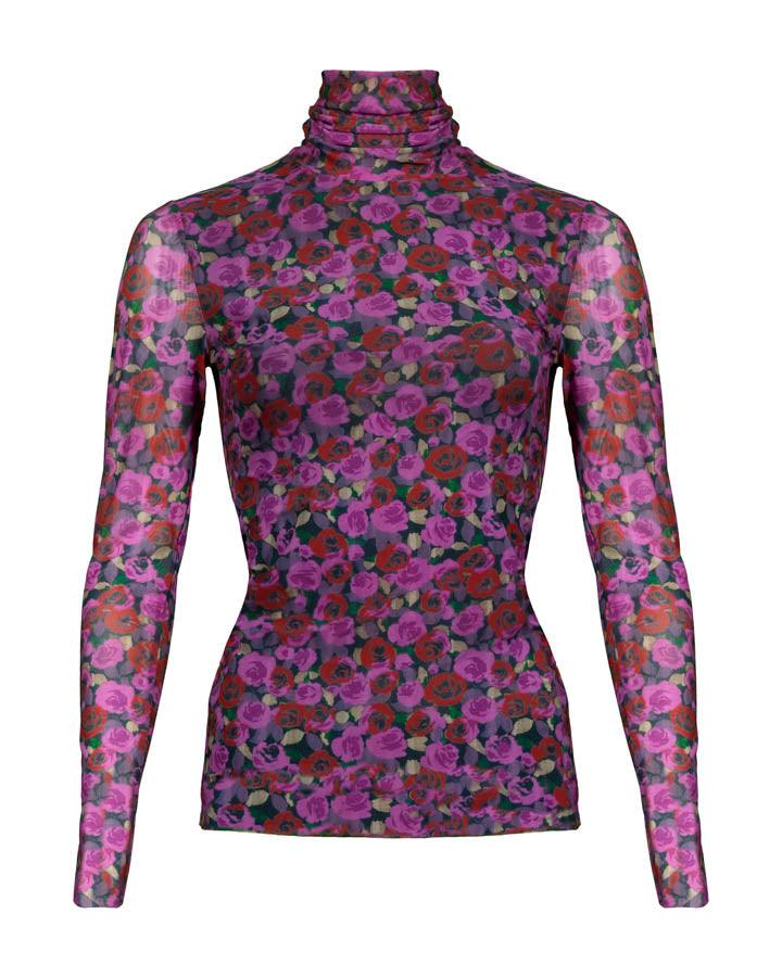 Ganni - Ganni Floral Print Mesh Sleeve Turtleneck