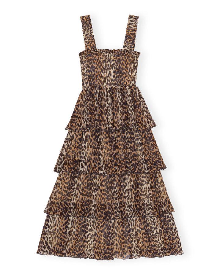 Ganni - Leopard Pleated Georgette Flounce Smock Midi Dress