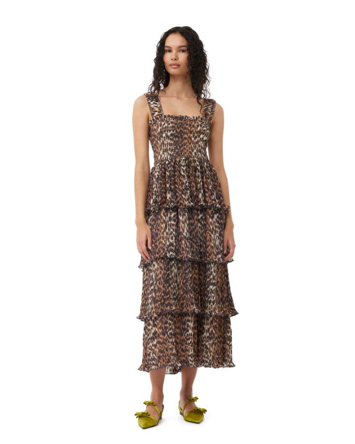 Ganni - Leopard Pleated Georgette Flounce Smock Midi Dress