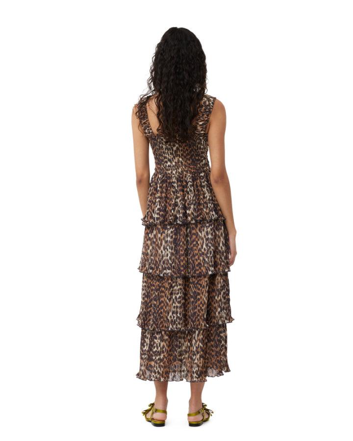 Ganni - Leopard Pleated Georgette Flounce Smock Midi Dress