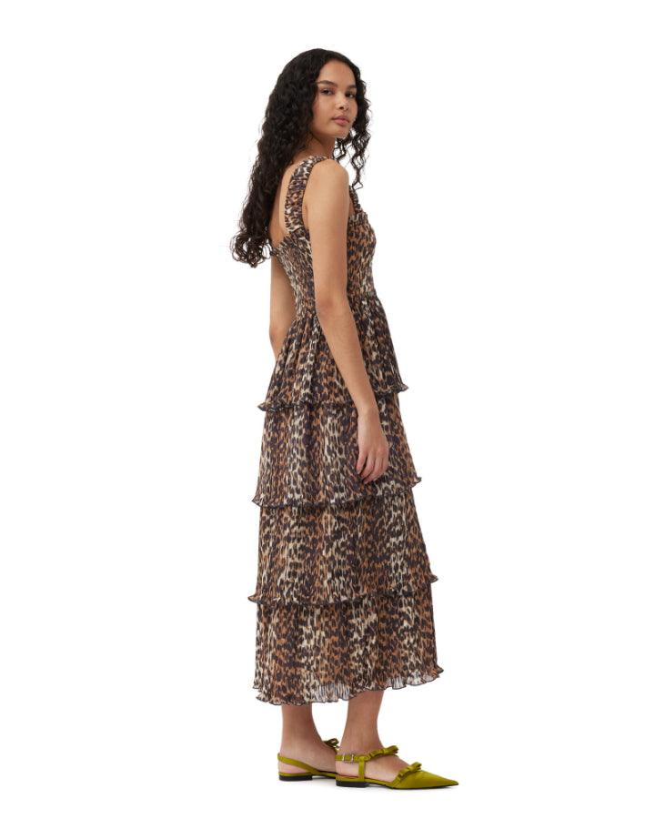 Ganni - Leopard Pleated Georgette Flounce Smock Midi Dress