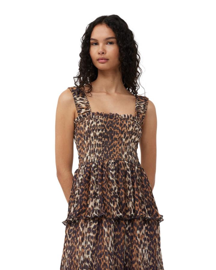 Ganni - Leopard Pleated Georgette Flounce Smock Midi Dress