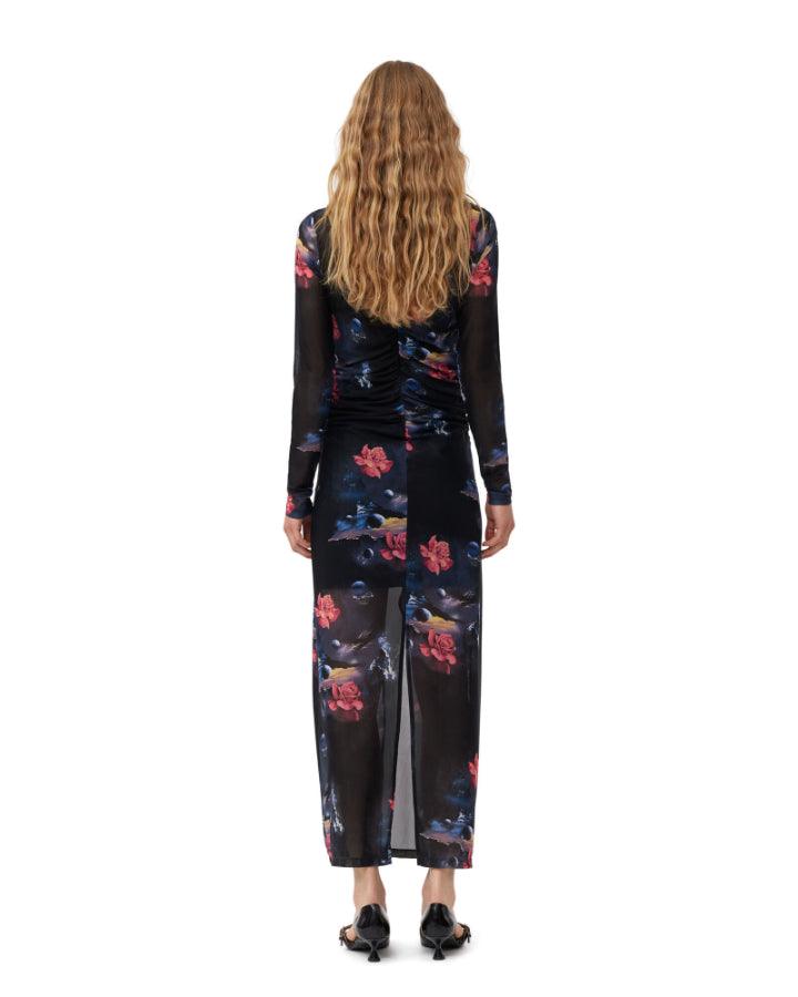 Ganni - Printed Mesh O-Neck Ruched Long Dress