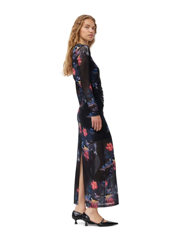 Ganni - Printed Mesh O-Neck Ruched Long Dress