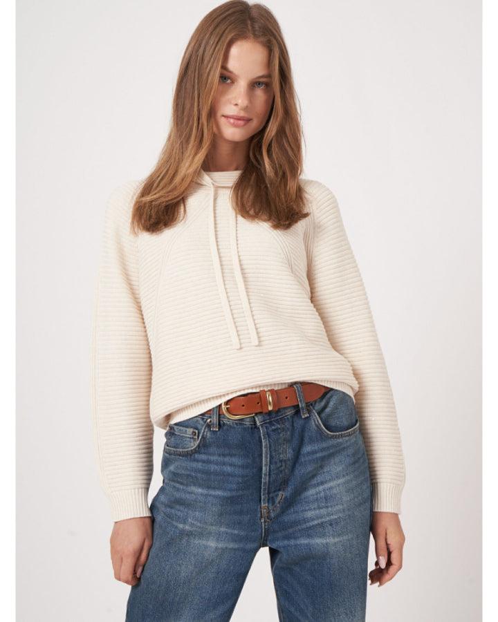 Repeat - Cotton Rib Knit Sweater With Drawstring